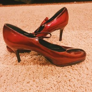 Red Stuart Weitzman Closed-Toe Heels with Straps